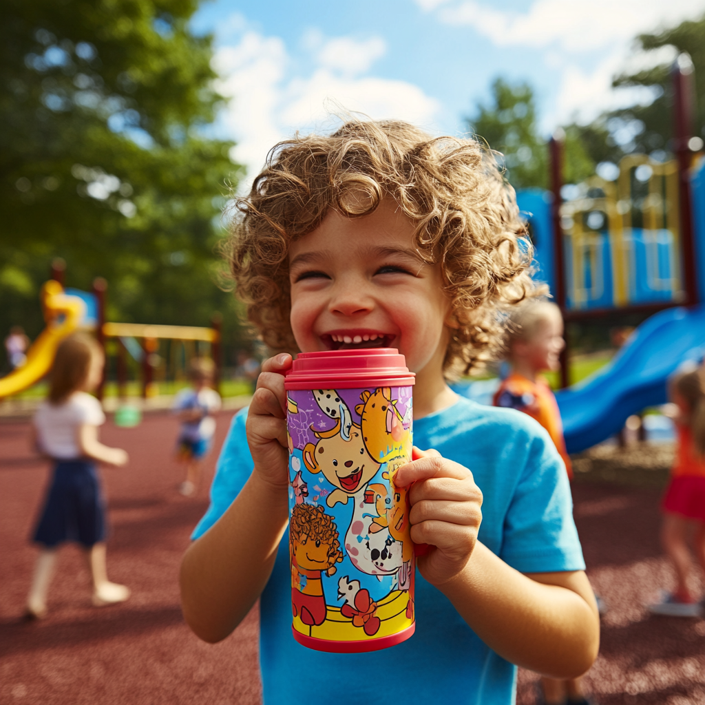 Happy child drinking from colorful thermos at playground.