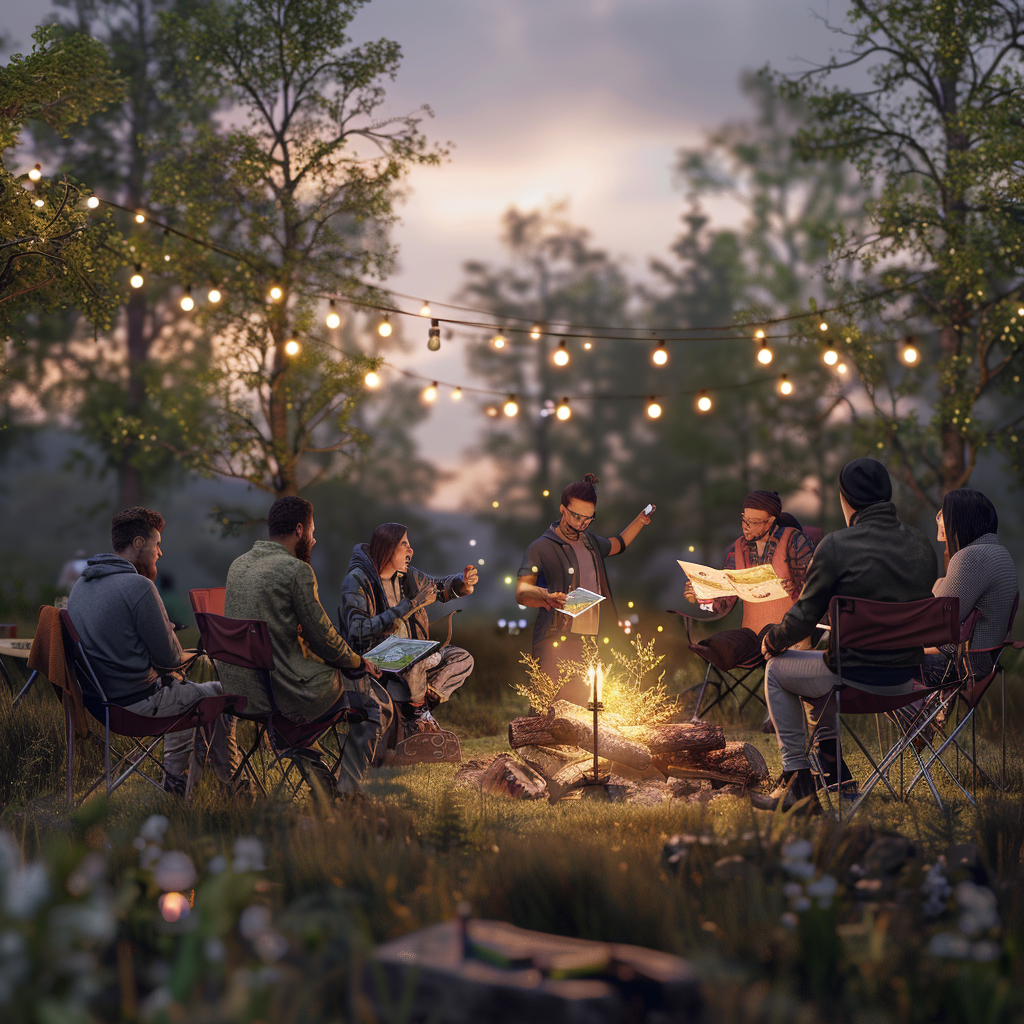 Happy coworkers playing games near campfire in forest