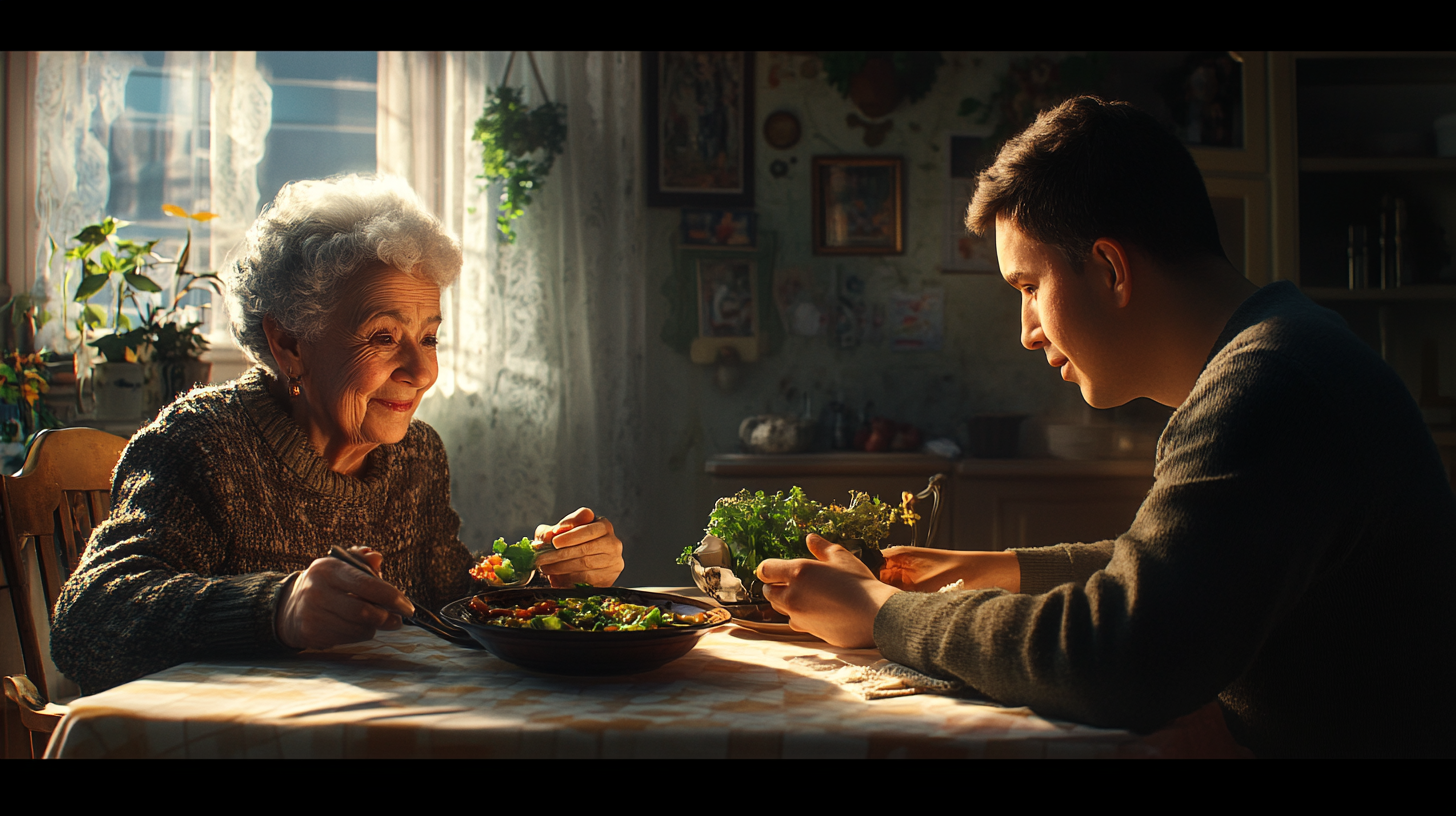 Happy elderly lady and son eating lunch together