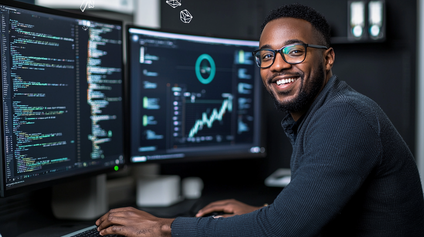 Happy executive in office with hi-tech screens.