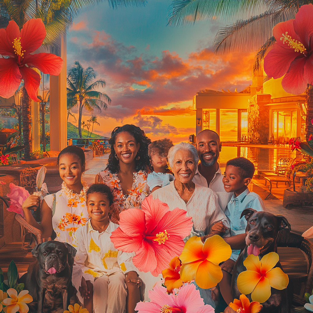 Happy families and pets on vacation in Hawaii