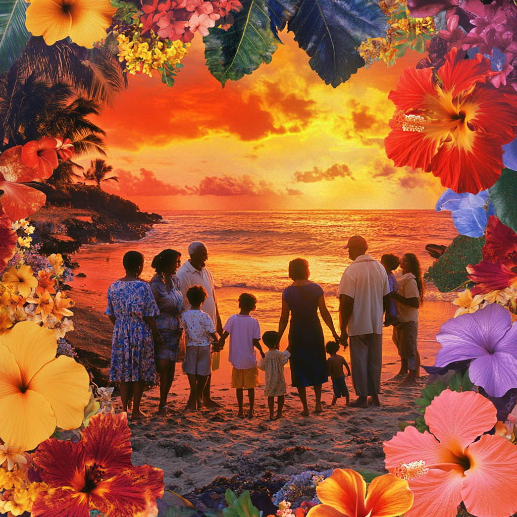 Happy family at Hawaiian beach with pets and flowers