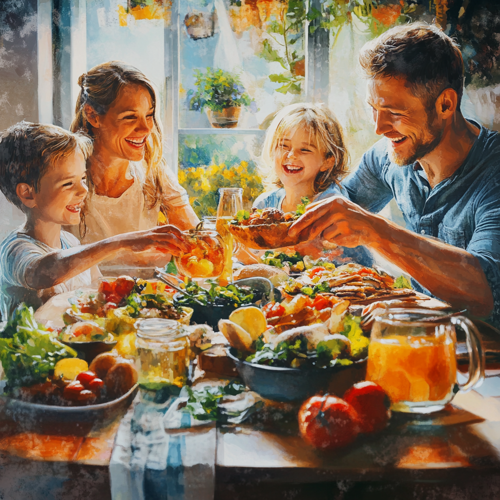 Happy family eats fresh, colorful meal together.