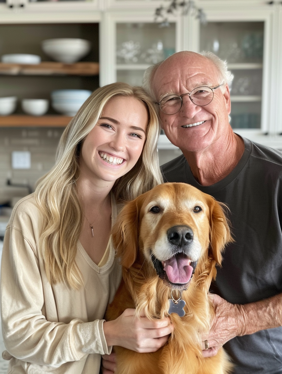 Happy family photo in kitchen with dog