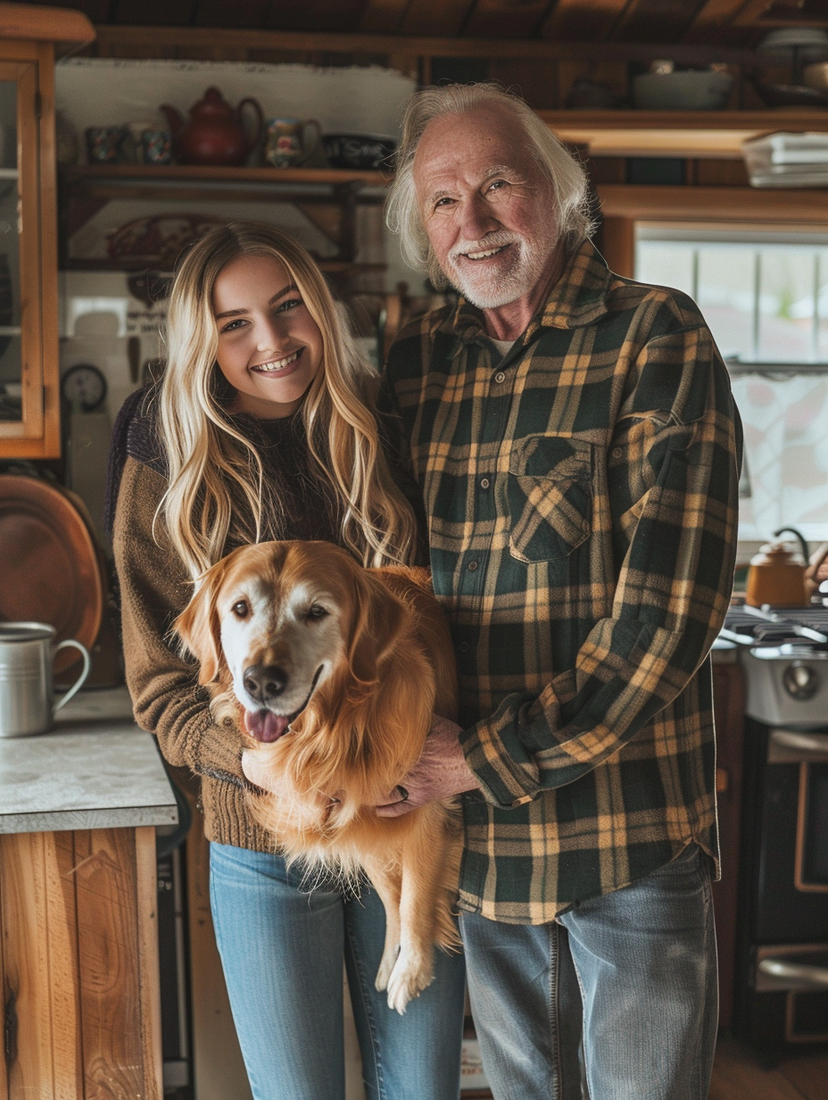 Happy family photo in kitchen with golden retriever