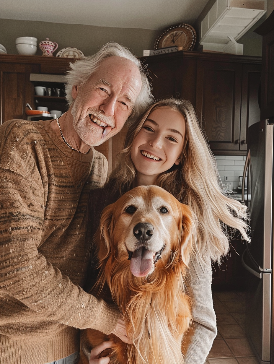 Happy family with girl and dog in kitchen.