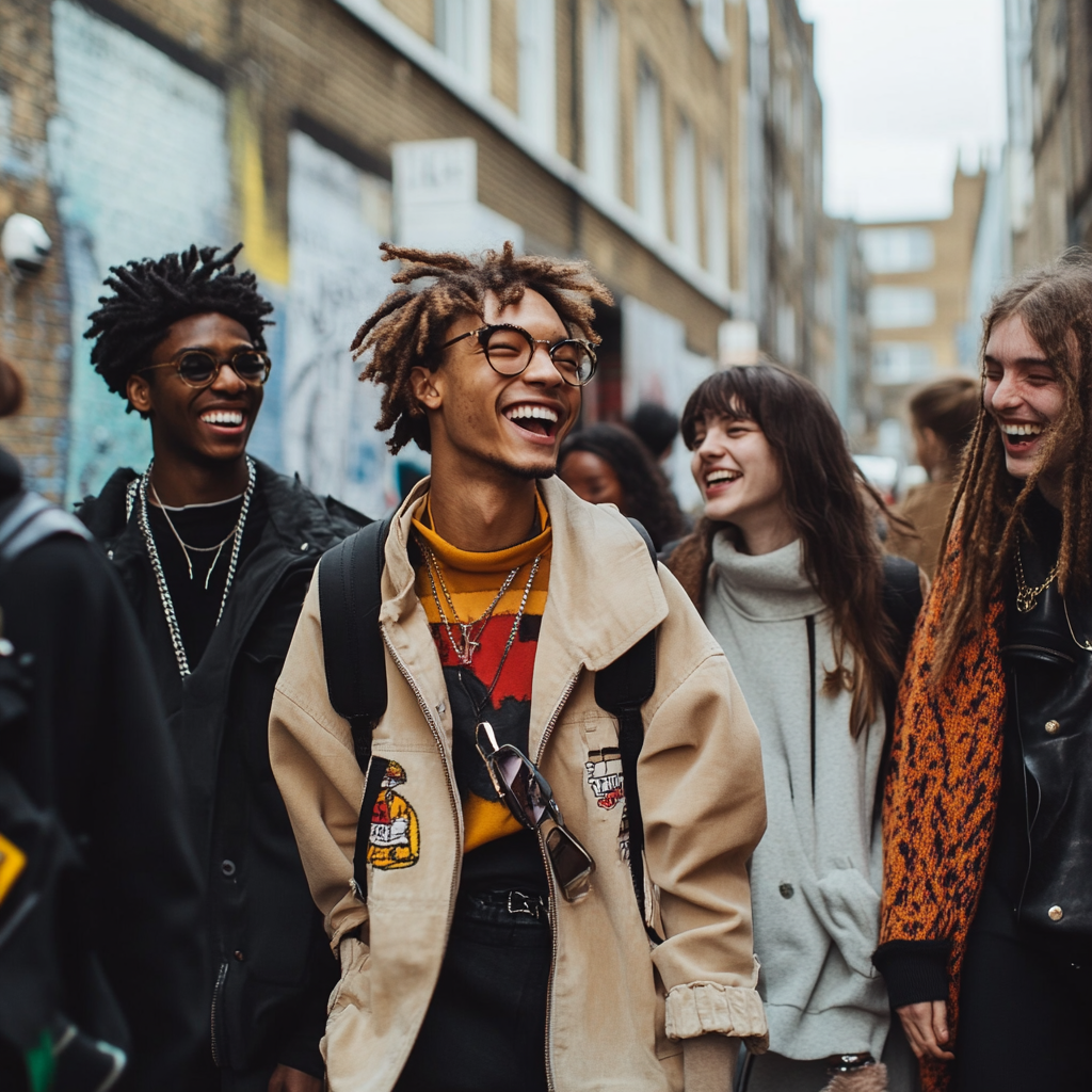 Happy gen z friends laughing in London district