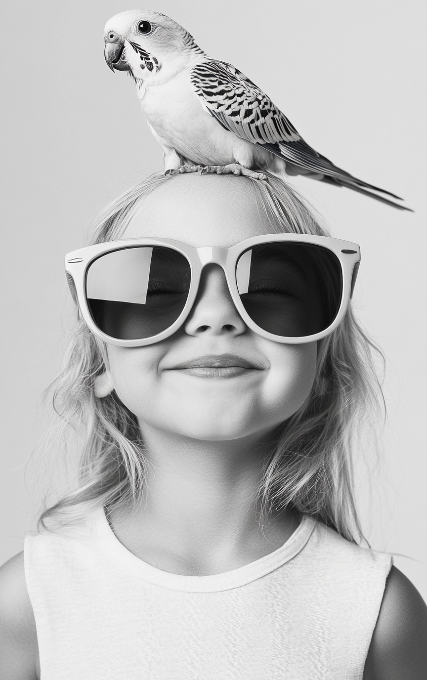 Happy girl in sunglasses with parakeet on head