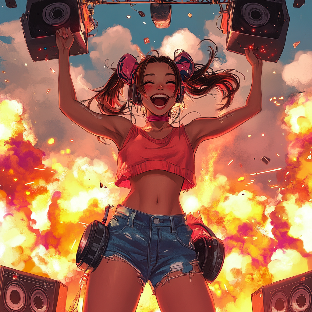 Happy girl with loudspeakers and explosions in background