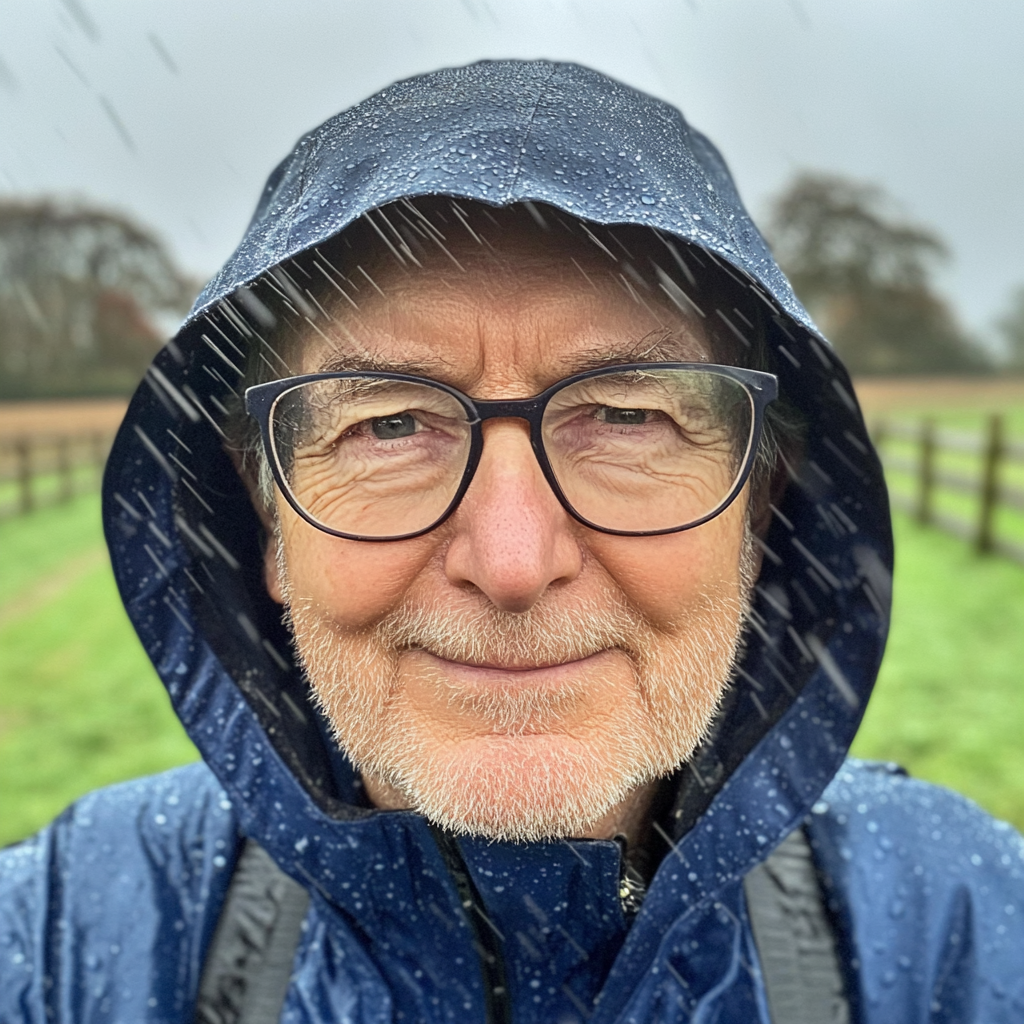 Happy man in raincoat in English countryside.