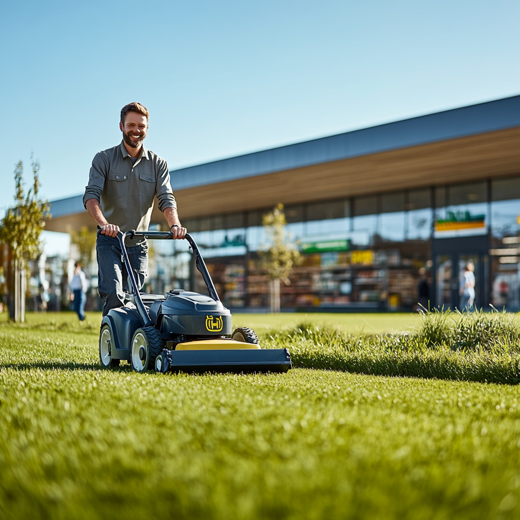 Happy man mowing lawn outside busy supermarket