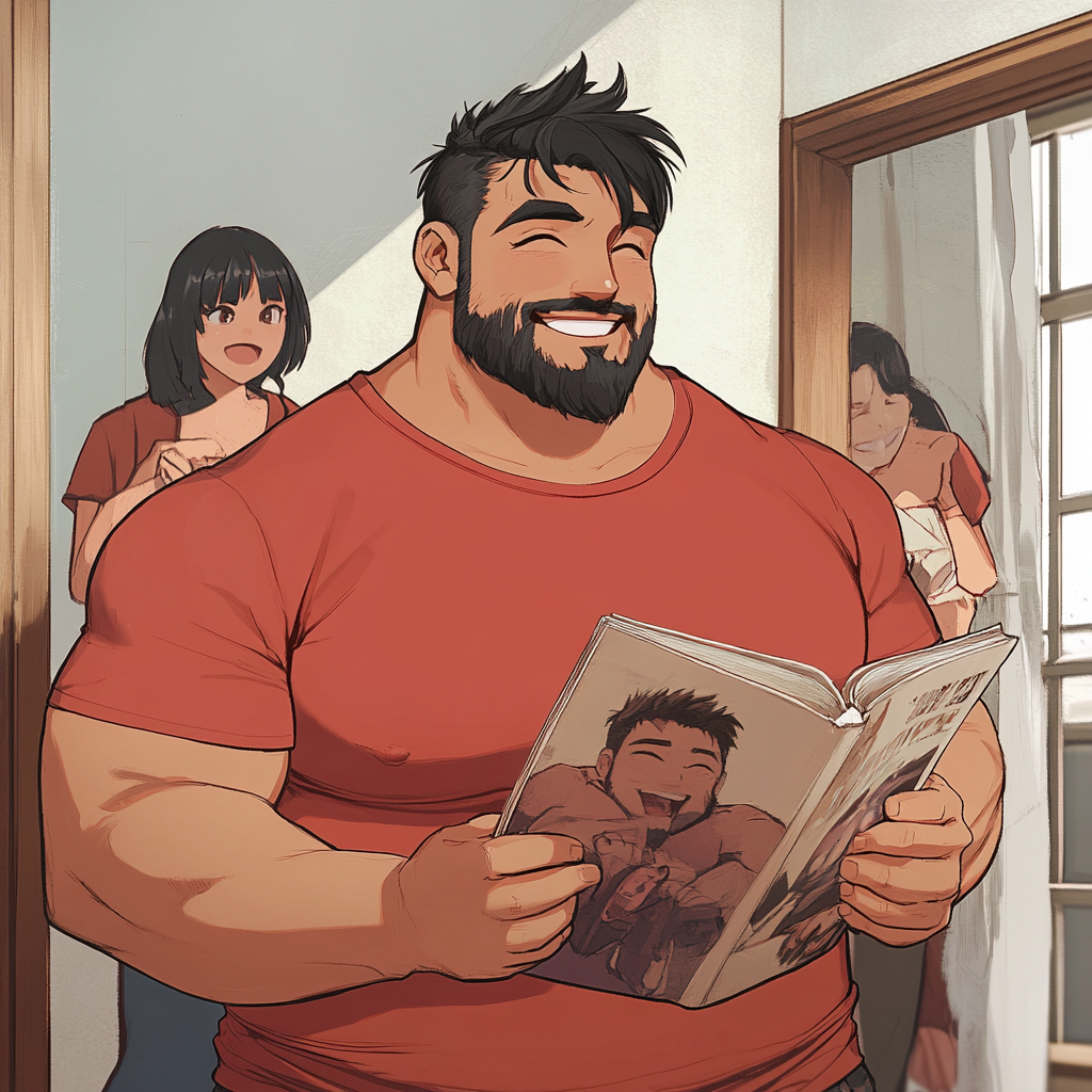 Happy man reading magazine with anime-style friends