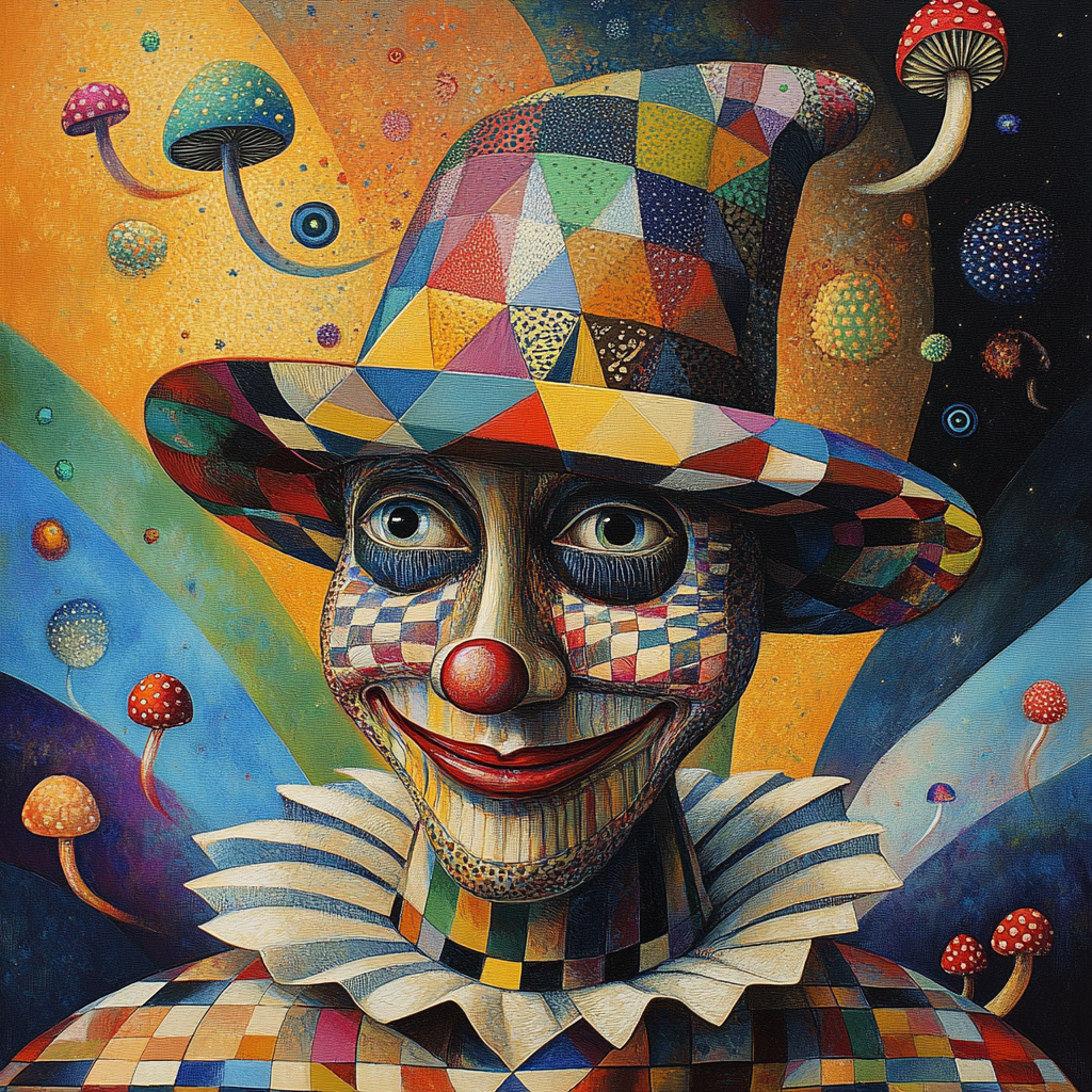 Happy mechanical jester face spins circles, geometric patterns colorful.