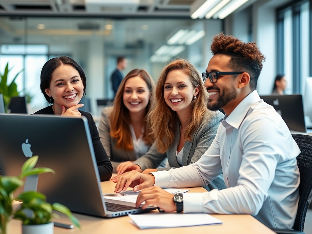 Happy office workers collaborate in teamwork setting.