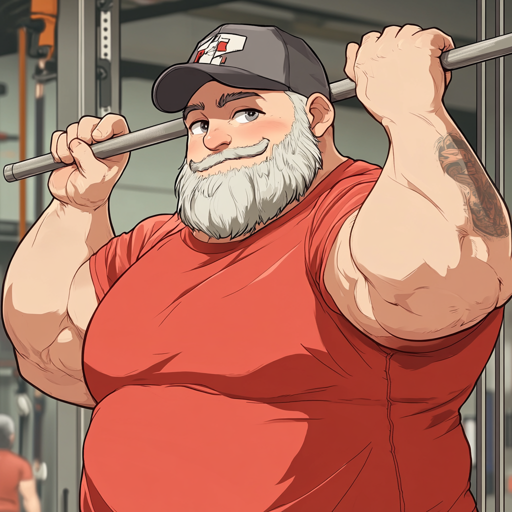 Happy overweight man in red shirt doing crossfit.