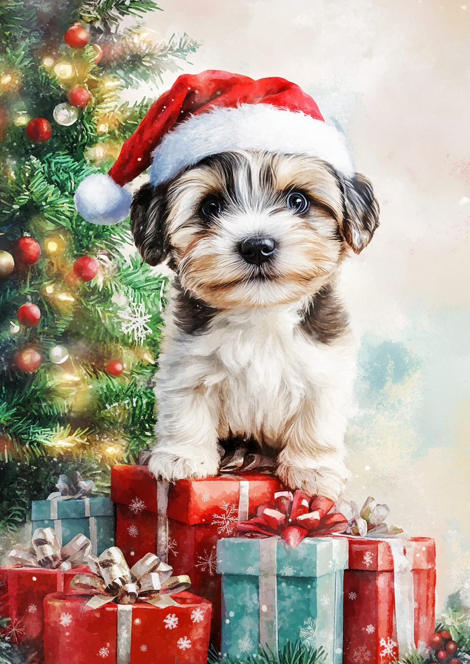 Happy puppies in Santa hats on Christmas card