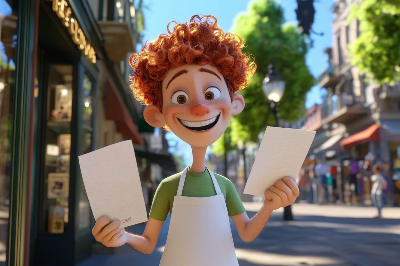 Happy red-haired cartoon character hands out flyers