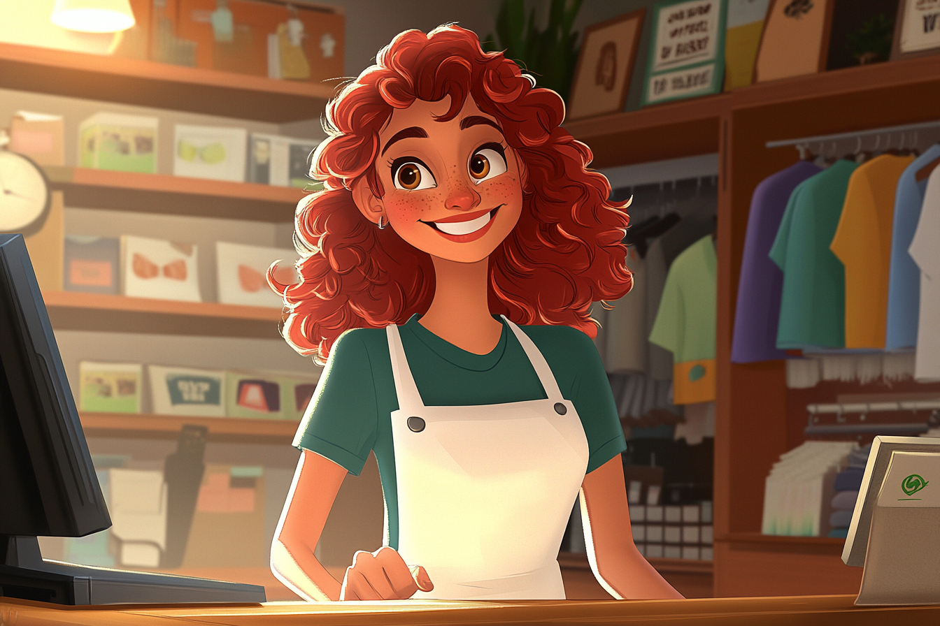 Happy red-haired cartoon clerk in clothing store