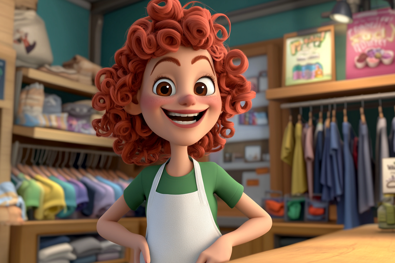 Happy red-haired cartoon lady in clothing store