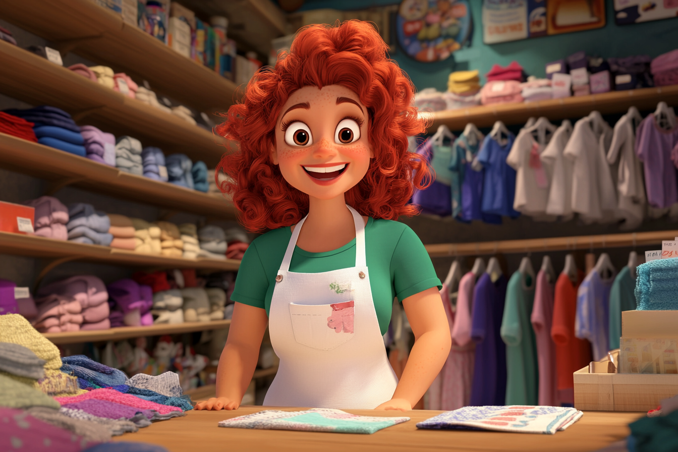 Happy red-haired shopkeeper with clothes and customers