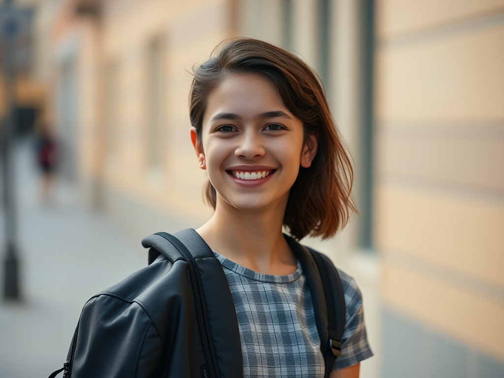 Happy student with backpack holding Sony A7III camera.