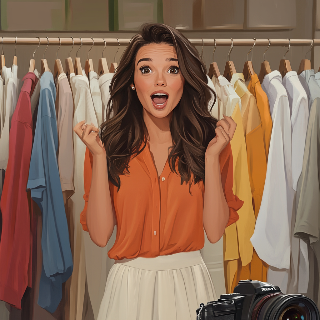 Happy woman standing by clothes, looking surprised