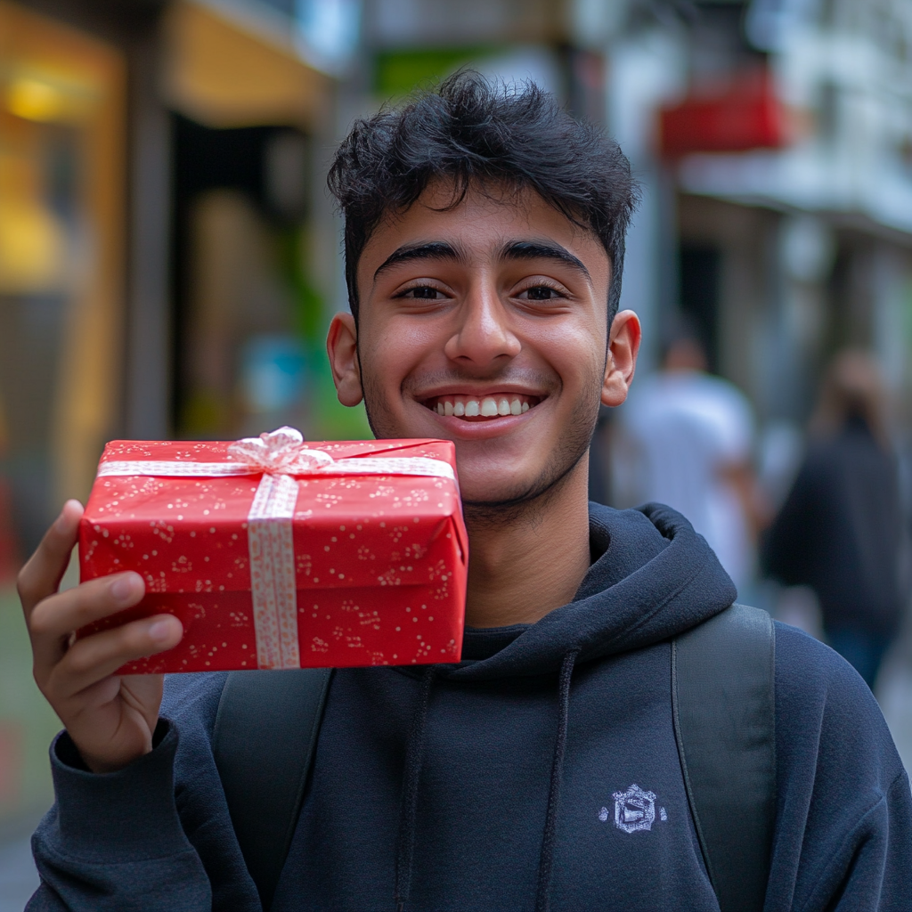 Happy young Arab man raising mystery gift