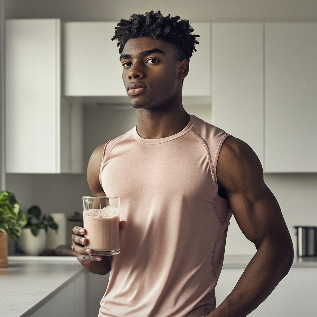 Happy young person with smoothie in kitchen