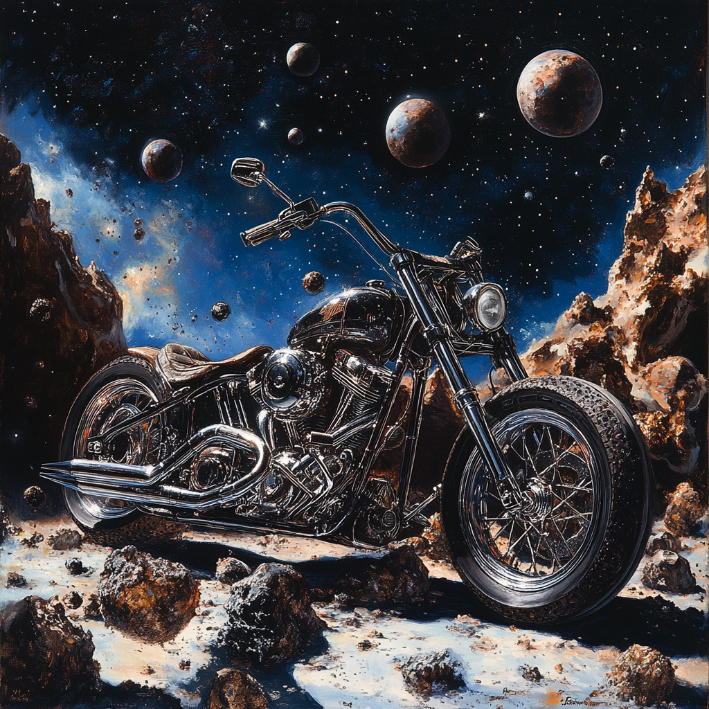 Harley Davidson Chopper in Space with Meteors