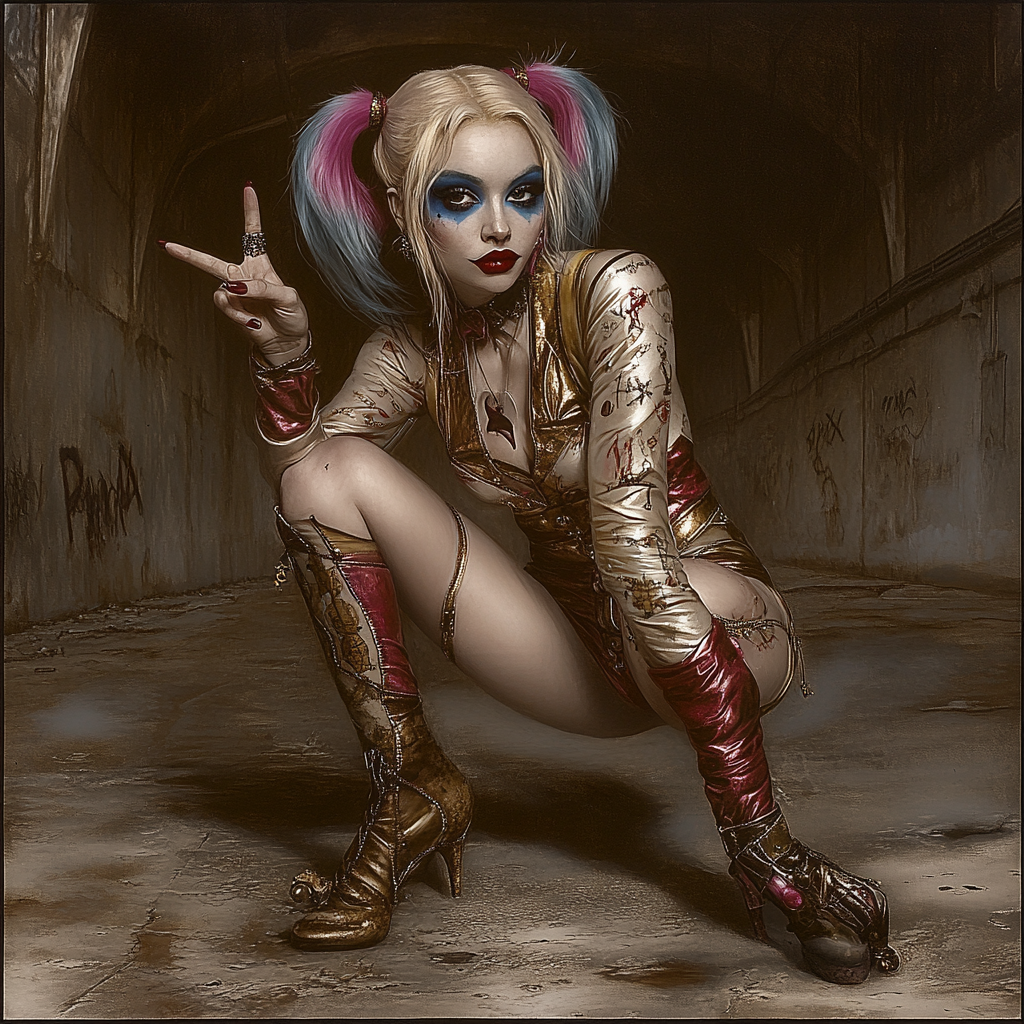 Harley Quinn Peace Sign Pose in Abandoned Warehouse