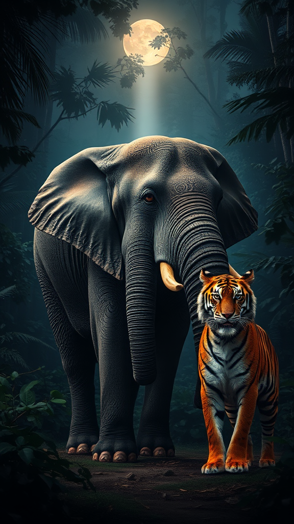 Harmonious Elephant and Tiger in Twilight Jungle