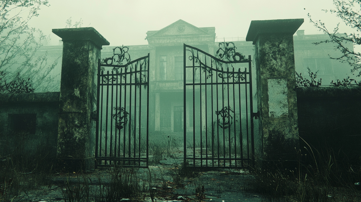 Haunted Hospital Gate in Misty Green Scene