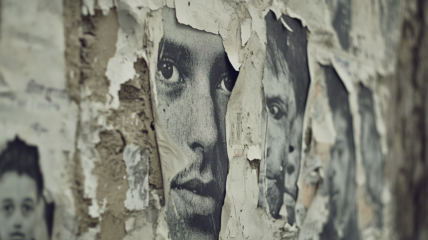 Haunted alleyway with faded missing posters of people