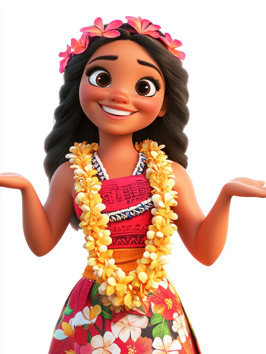 Hawaiian woman gives lei in 3D Pixar style