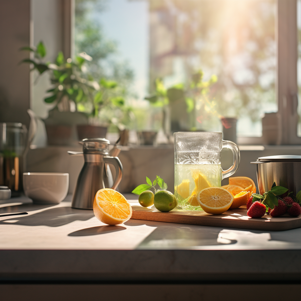 Healthy Kitchen with Fruits and Tea in Sunlight