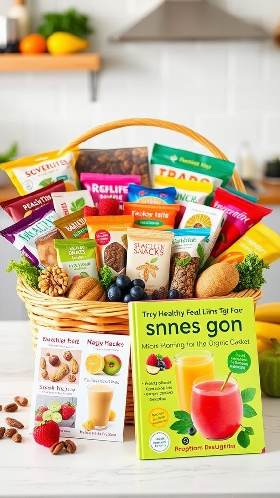 Healthy Living Basket with organic snacks and recipes.