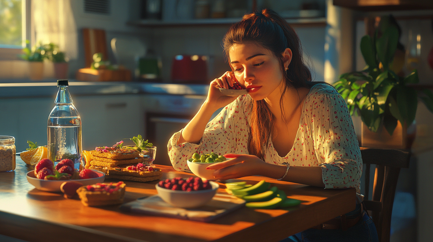 Healthy Woman Enjoying Balanced Diet in Bright Kitchen