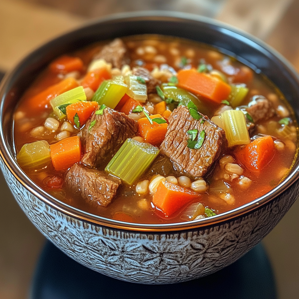 Hearty Bowl of Beef Barley Soup with Vegetables