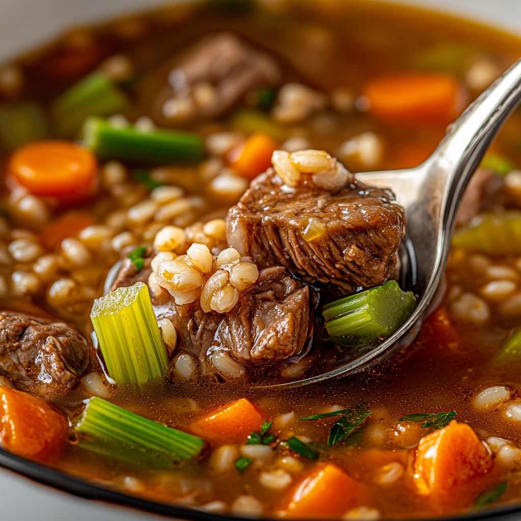 Hearty beef barley soup with vegetables and barley