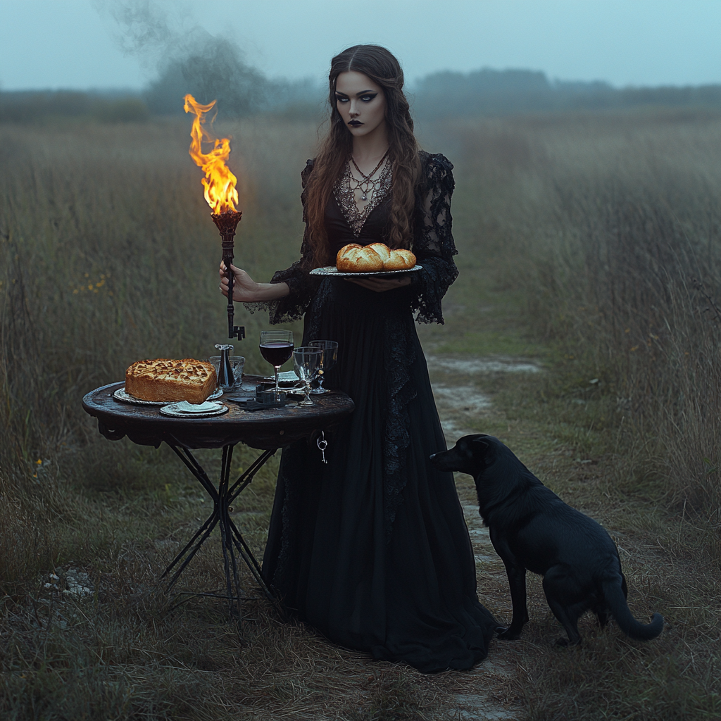 Hekate Goddess poses with garlic bread on table.