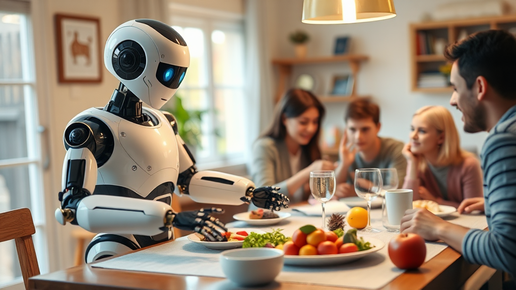 Helpful robot sets dinner table for family.