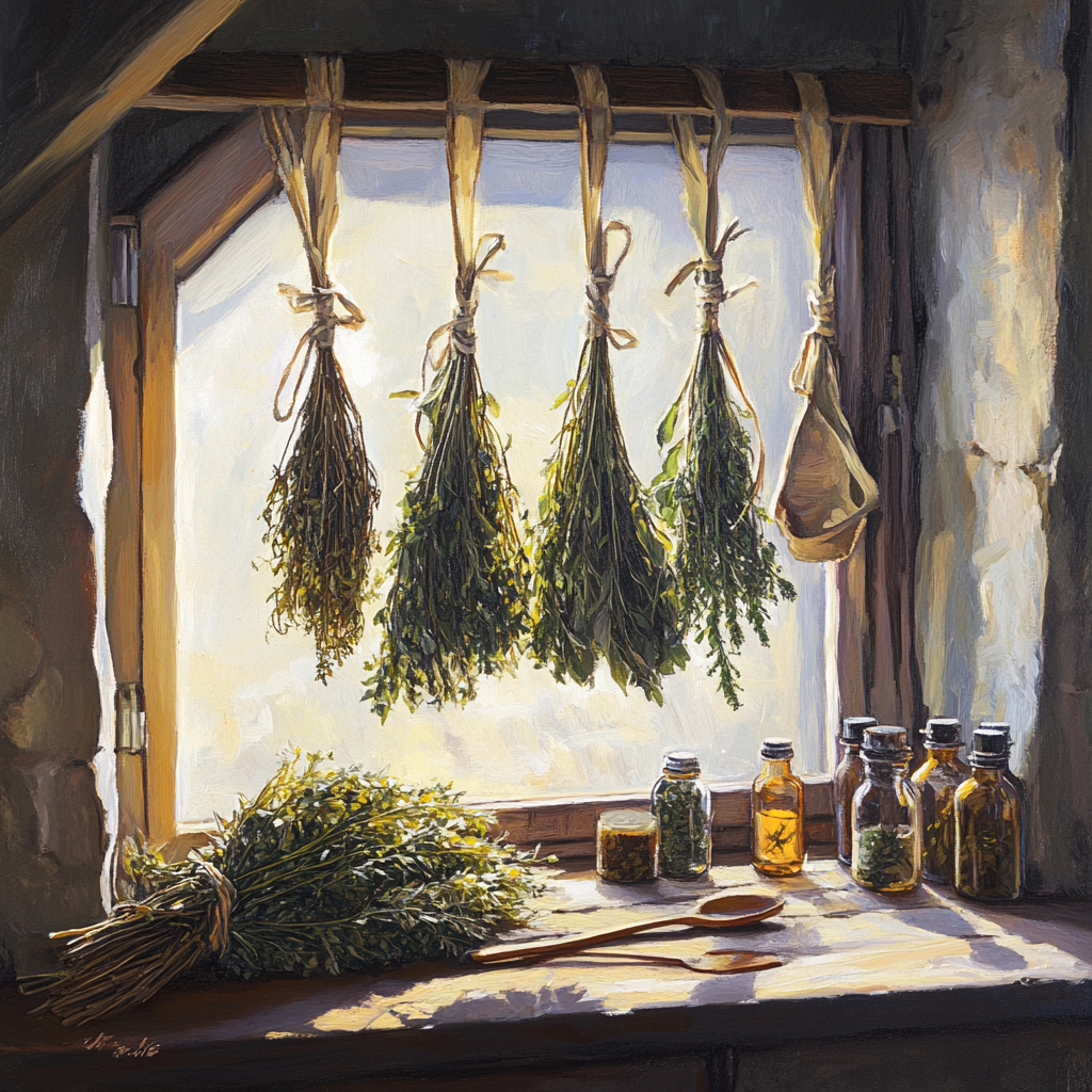 Herb Bundles Drying in a Rustic Kitchen