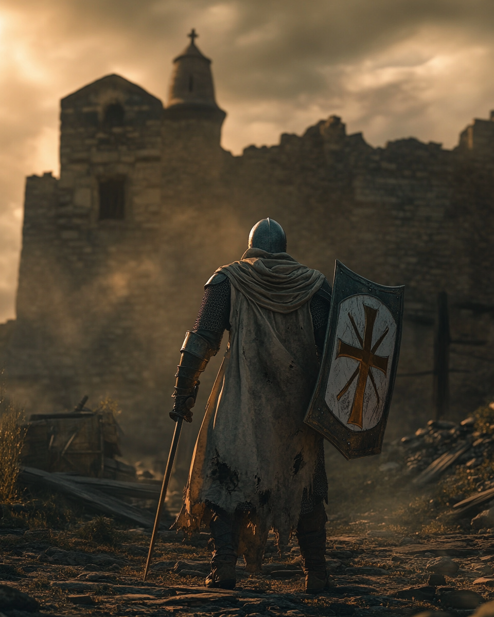 Heroic human war priest with sacred symbol tunic