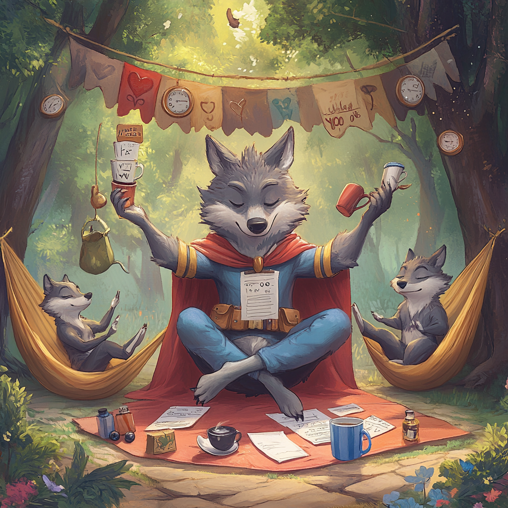 Heroic wolf juggles clocks, lists, coffee, meditates; friends relax.