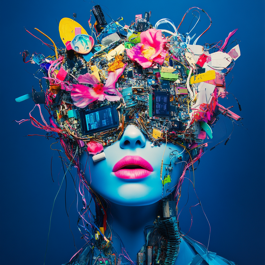 High-Fashion Electronic Waste Portrait in Vibrant Colors