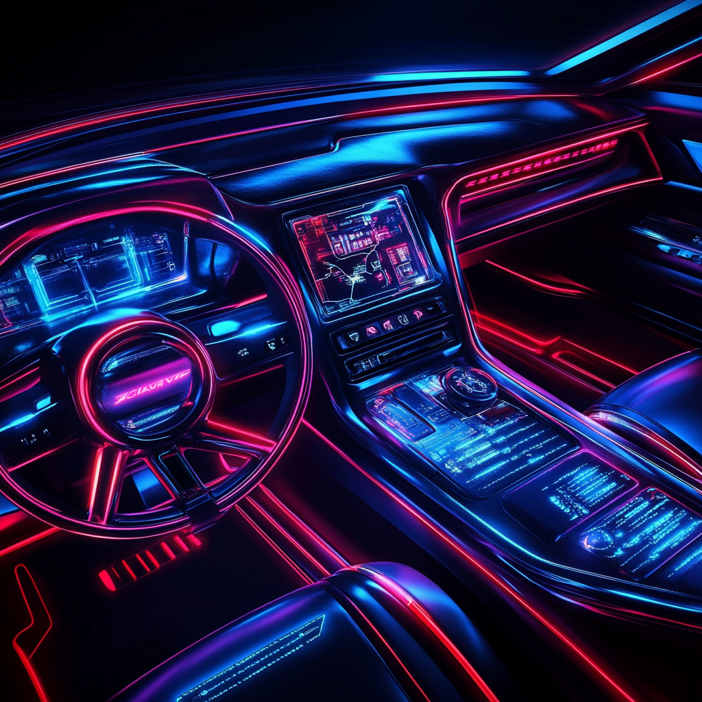 High-Tech Dashboard with Holographic Elements and Neon Lights