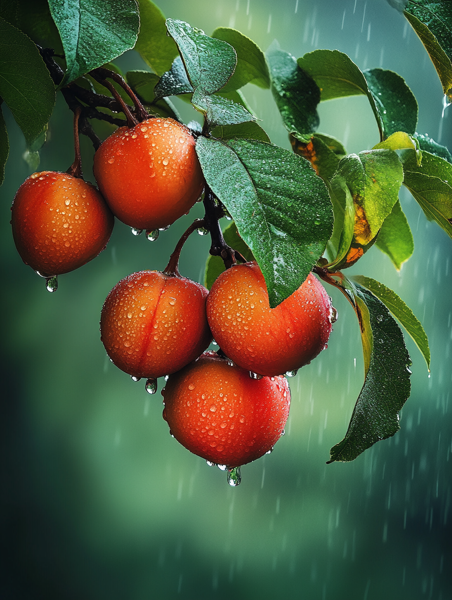 High detail photo of 7 persimmons on branch.