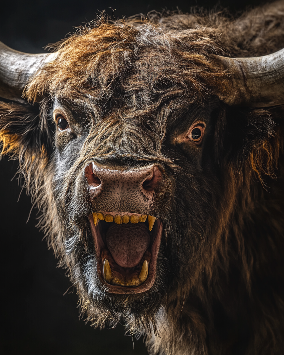 Highland cattle bull in dramatic lighting and detail