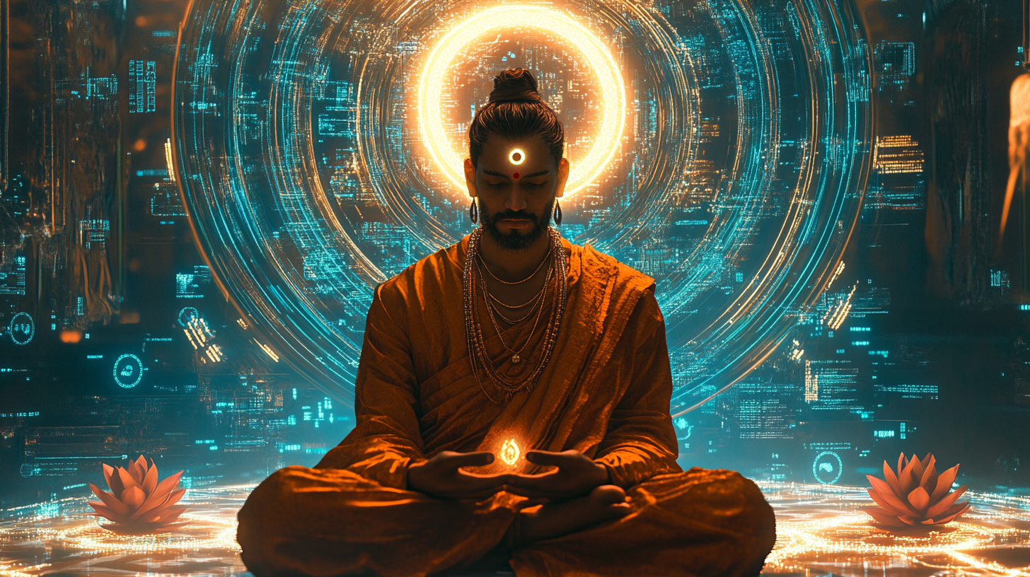 Hindu Sage Meditating Among Digital Circuitry Lines