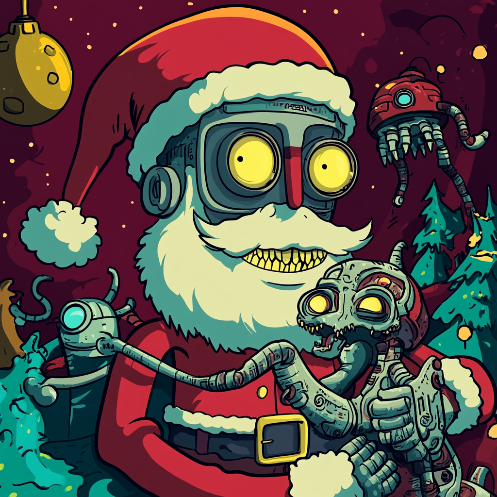 Holiday Robot Holds Alien Dog in Groening Style